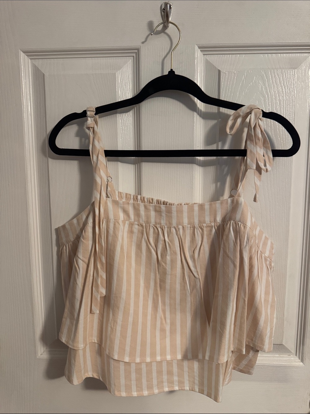 Striped Tie-Shoulder Ruffle Camisole - Beige Cream